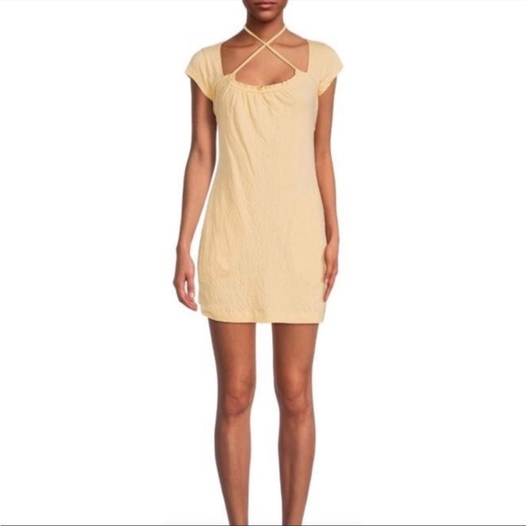 FREE PEOPLE NWT VIVI OPEN BACK YELLOW/PEACH STRETCH DRESS MEDIUM - Picture 2 of 6